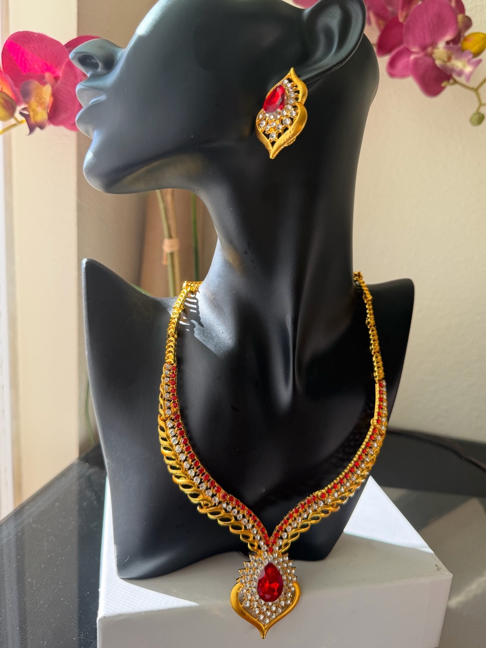 Gold-Tone Red Crystal Necklace & Earrings Set ( Indian Jewelry)